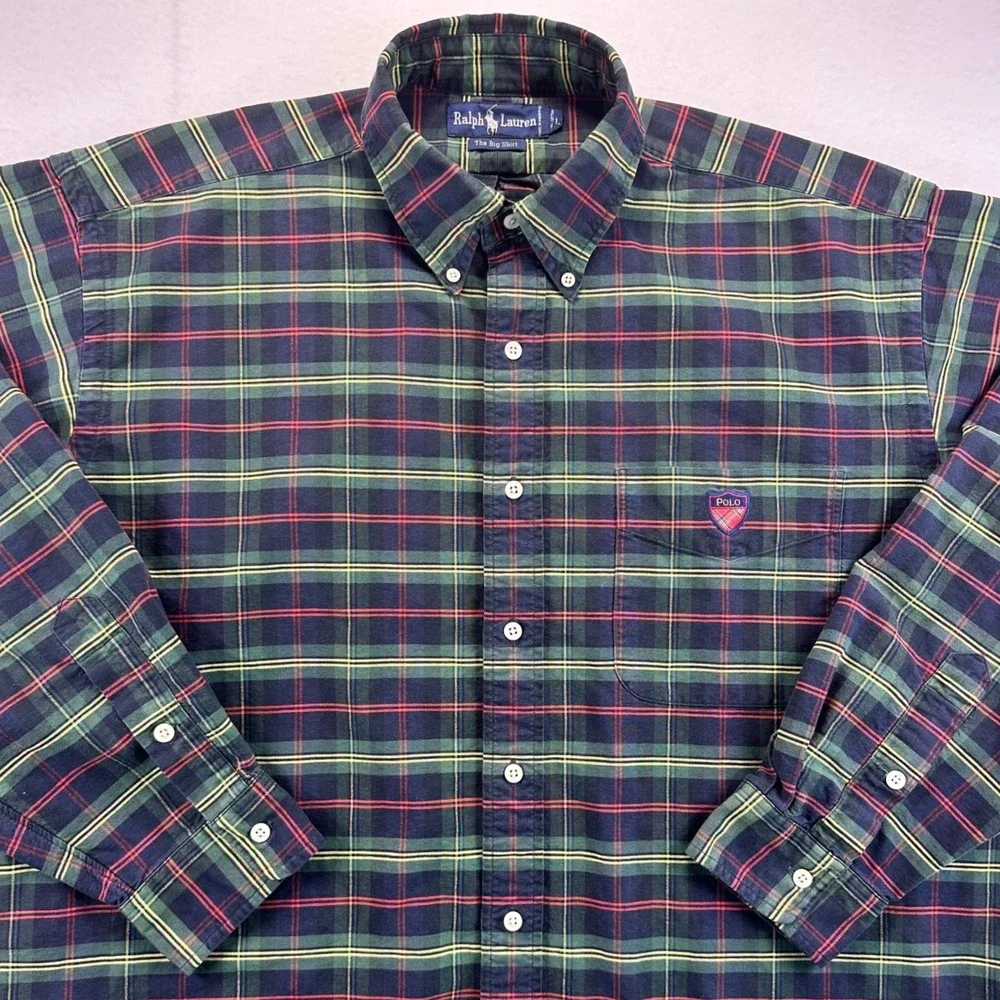 VTG Ralph Lauren The Big Shirt Mens Large Green Plaid Button Down Logo Crest